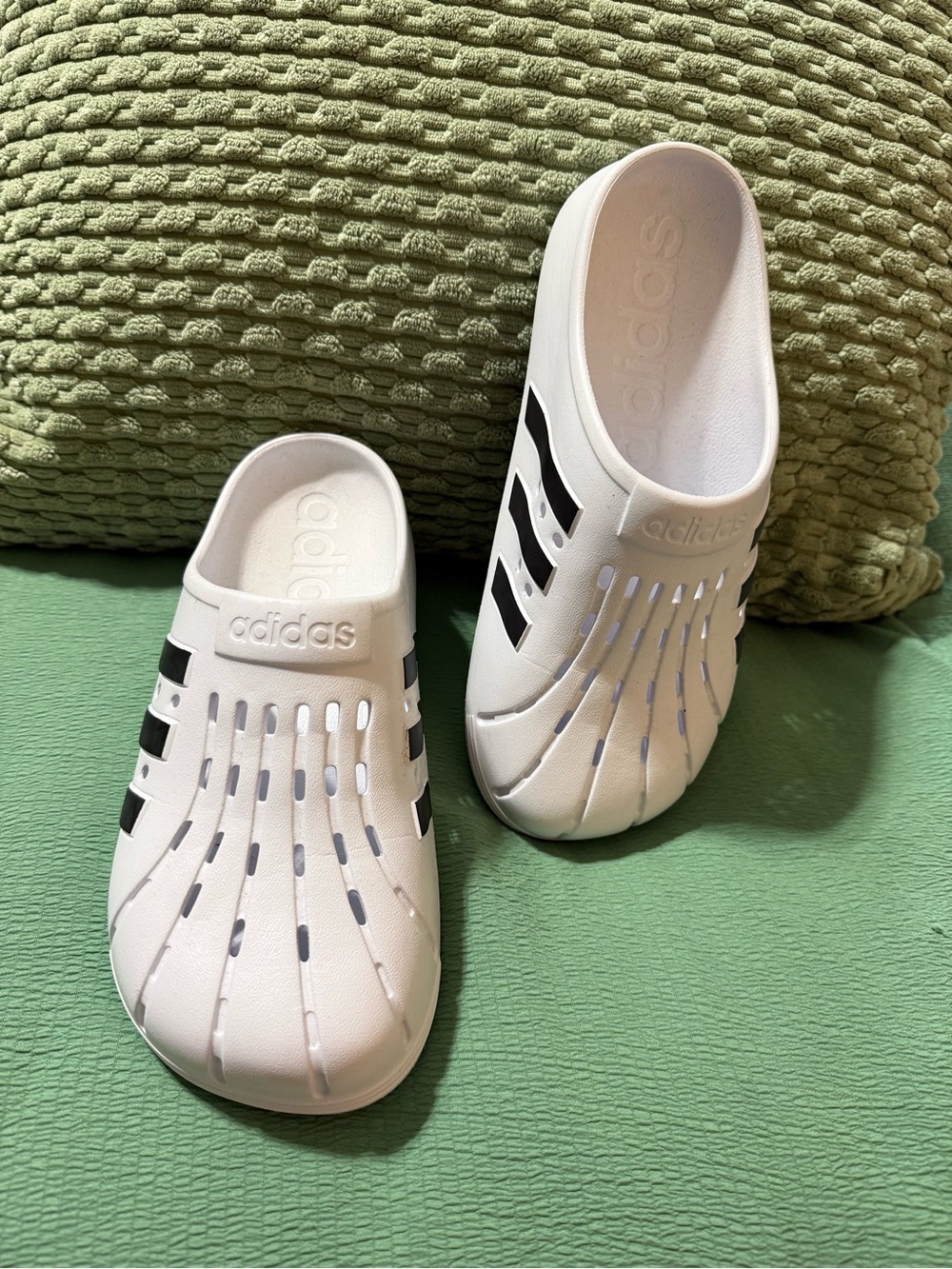 adidas women White Slip-On Clogs with Black Stripes